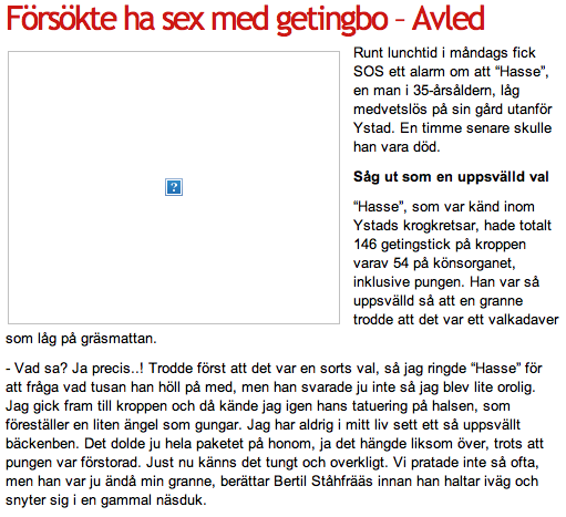 Nyheterna Sverige, Man, Skämtsajt, Dödsfall, Bikupa, sex