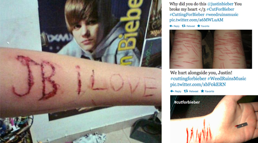 Justin Bieber, Twitter, Självskadebeteende, 4Chan