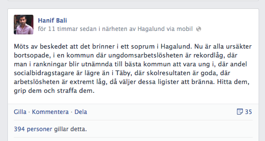 Husby, Hanif Bali, Upplopp, Facebook, Moderaterna