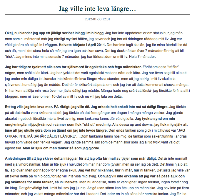 Sjuk, Bloggare, Kanslor, Tyra Sjöstedt, Döden, Självmord