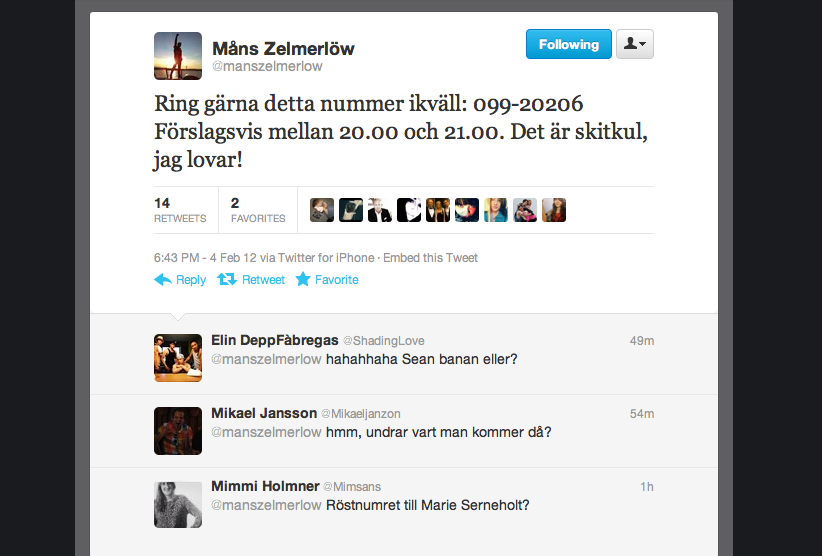 Måns Zelmerlöw, Marie Serneholt, Slut, Stöd, Melodifestivalen, Twitter, Melodifestivalen 2012, Vänner