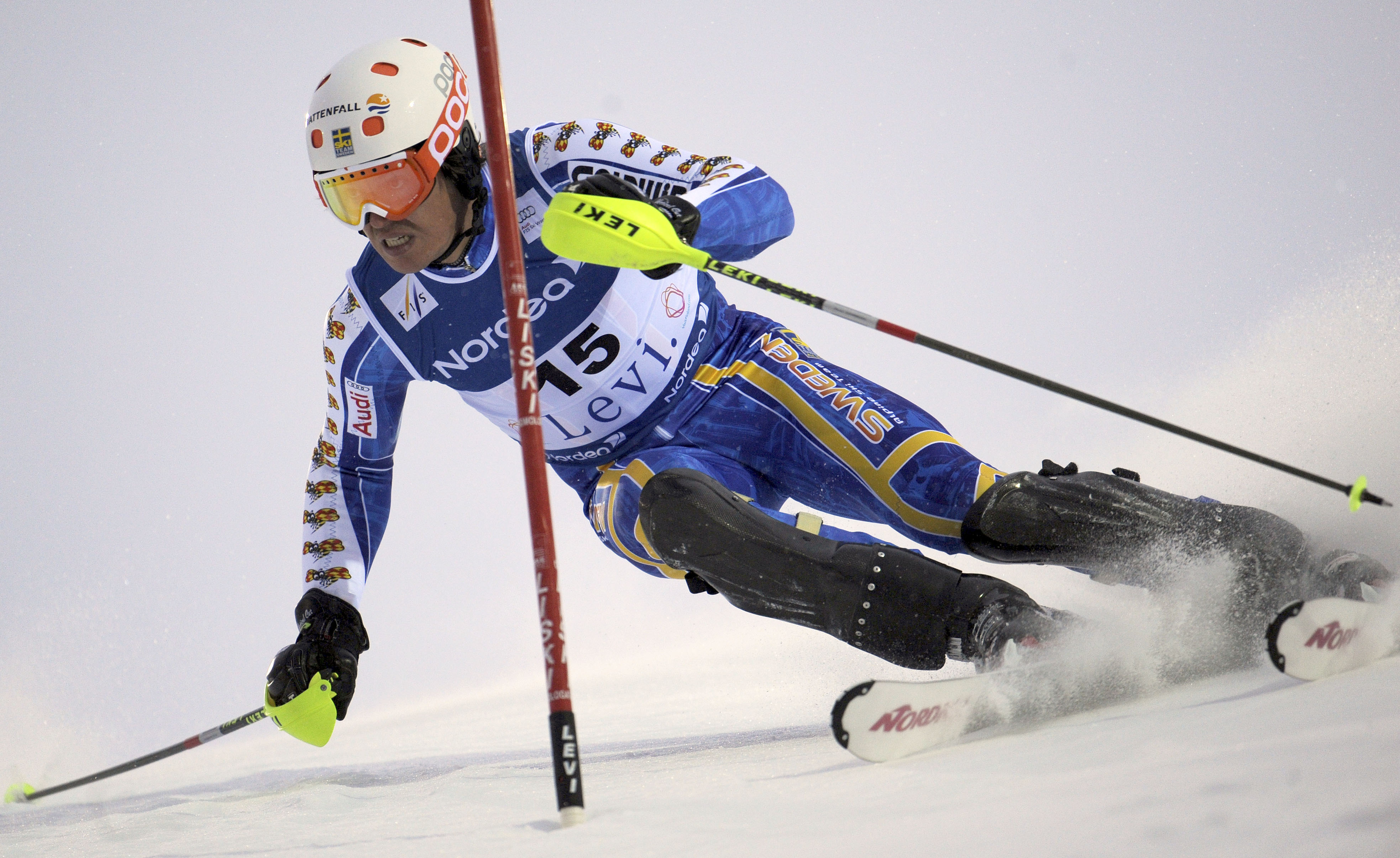 Andre Myhrer kom in på fjärde plats i det första åket i slalom i Wengen. 