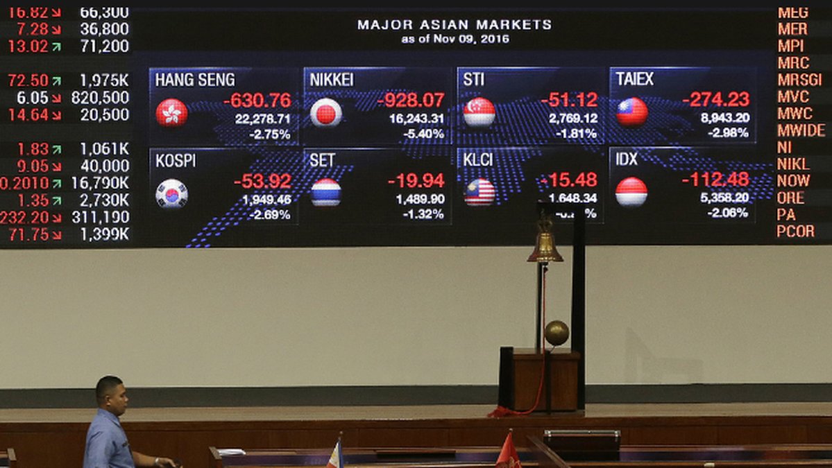 En filippinsk man går förbi den stora skärmen som visar en nedåtgående trend på den asiatiska börsen, i Manilla, Filippinerna. 
