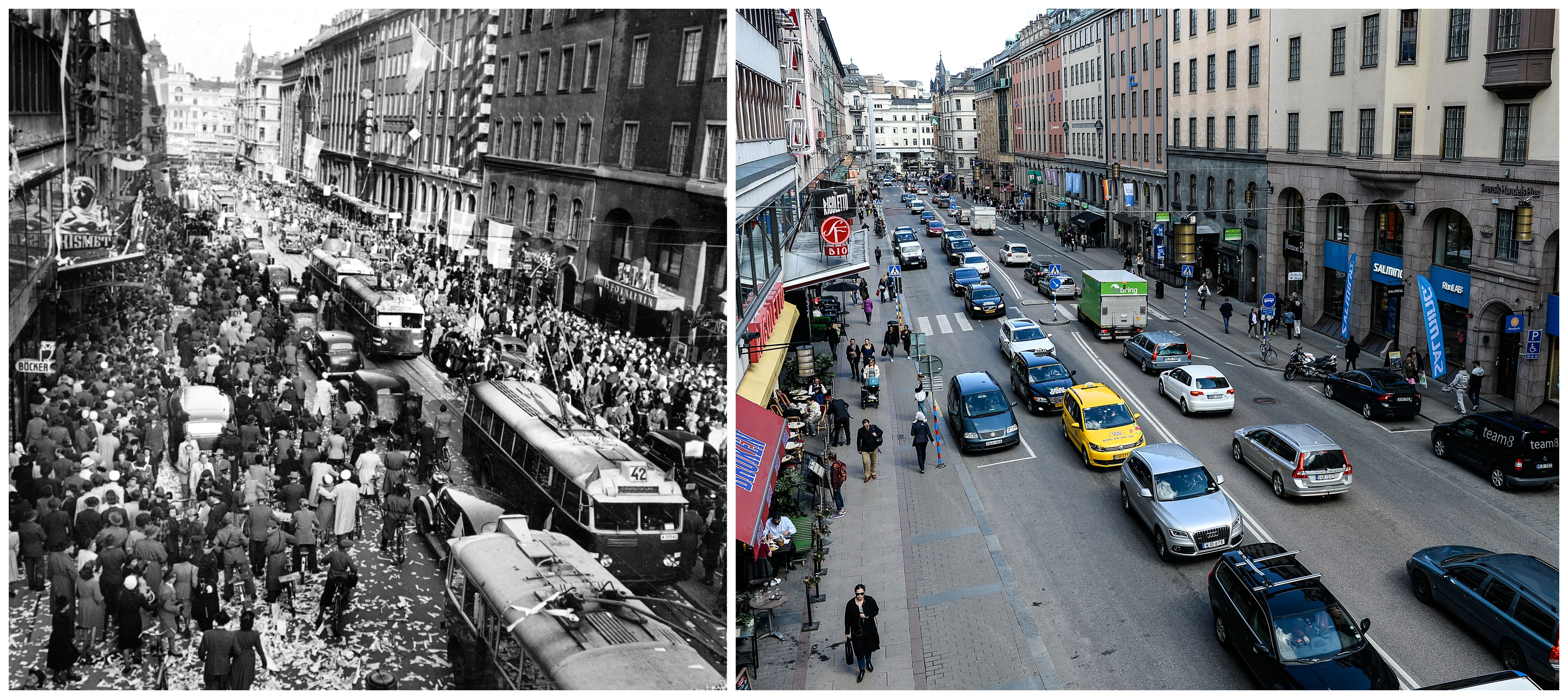 Bilden till vänster Kungsgatan på fredsdagen 7 maj 1945 på eftermiddagen. Bilden till höger Kungsgatan på torsdagen 7 maj 2015 på eftermiddagen. 