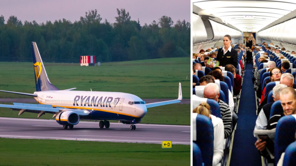 Ryanair-flygplan och mittgång i flygplan. 