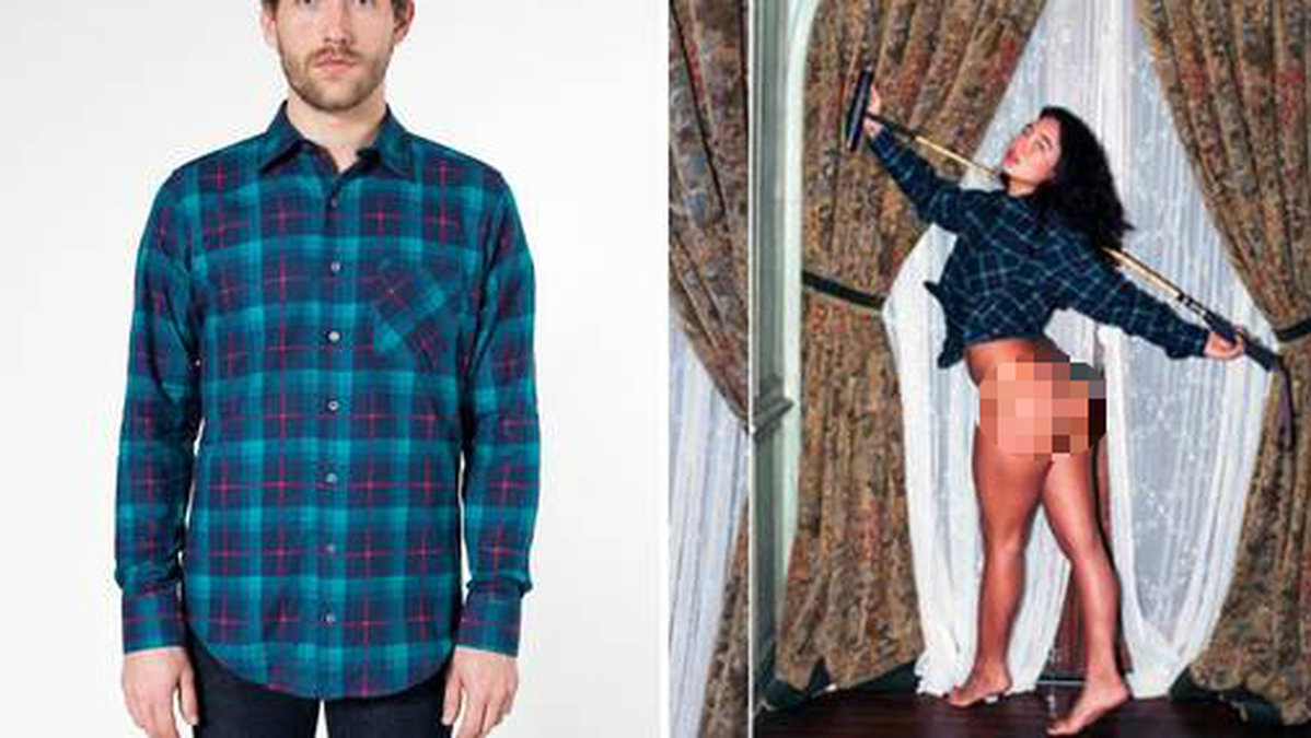 Samma skjorta, är det tänkt – men för kvinnor marknadsförs den med pornografiska poser.