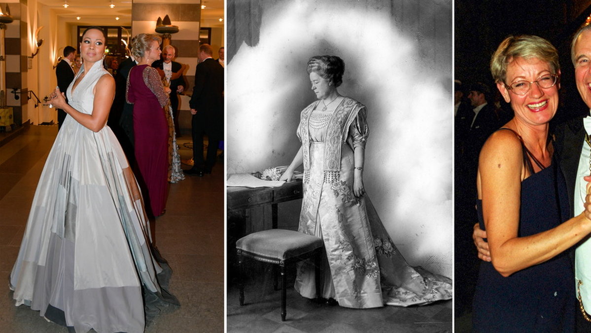 Alice Bah Kuhnke (MP) i en klänning av återvunna kläder från Stockholms Stadsmission 2018, Selma Lagerlöf i klänning från Augusta Lundin 1909 och Gudrun Schyman i känning av tidstypiskt 1990-talssnitt 1999.