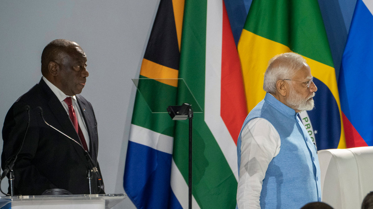 Sydafrikas president Cyril Ramaphosa med Indiens premiärminister Narendra Modi.