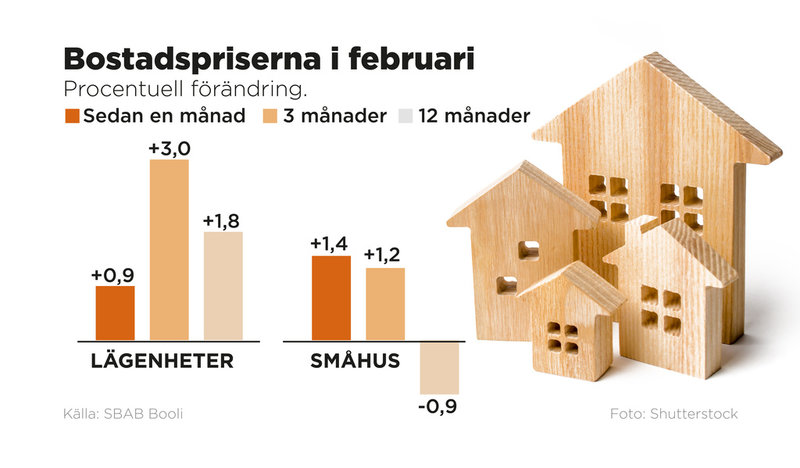 Bostadspriserna i februari (procentuell förändring).