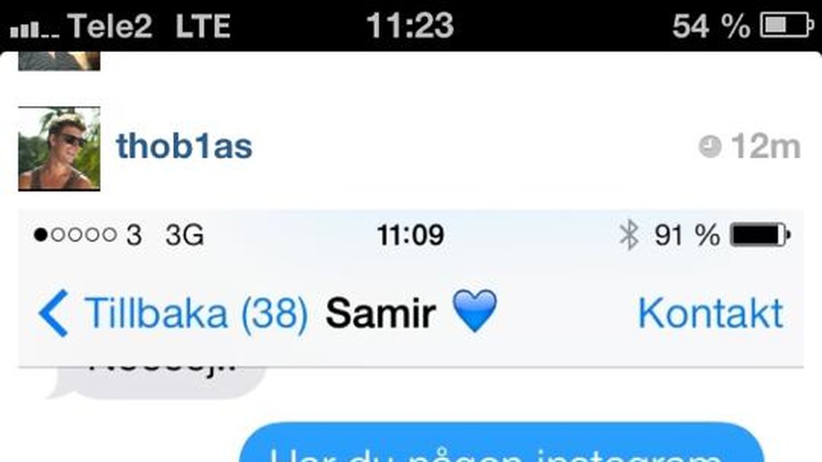 Här har vännen Thobias Johansson lagt upp en sms-konversation där han visar att Samirs konto är hackat. 