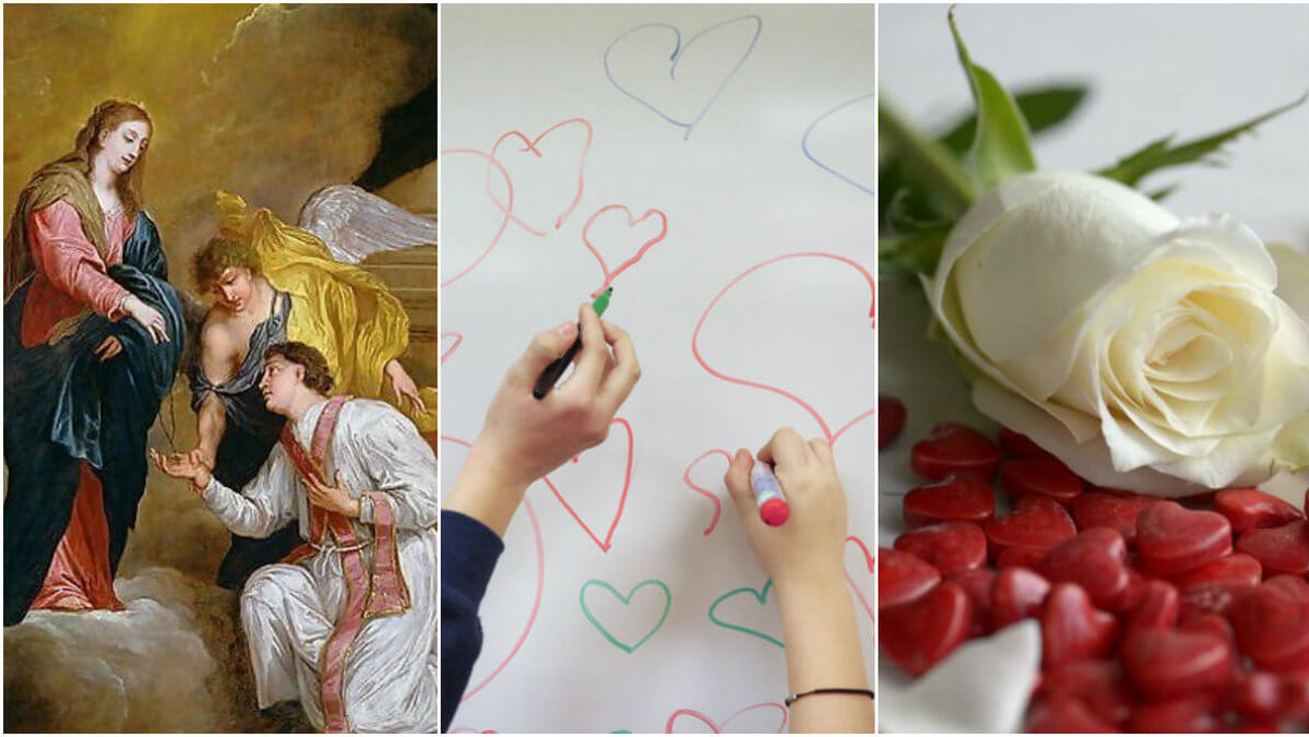 Sankt Valentin, ritade hjärtan och en vit ros.