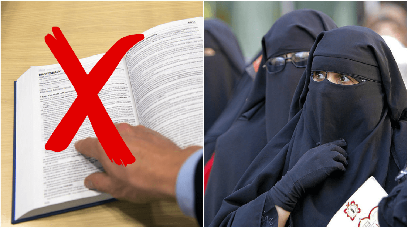 Lagbok med rött kryss över samt människor med niqab.
