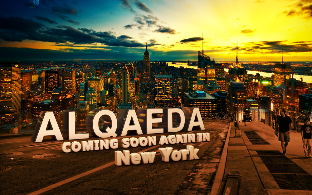 Bilden föreställer Manhattan i solnedgången och har en text med stora bokstäver som säger "Al Qaida kommer snart att återvända till New York".  