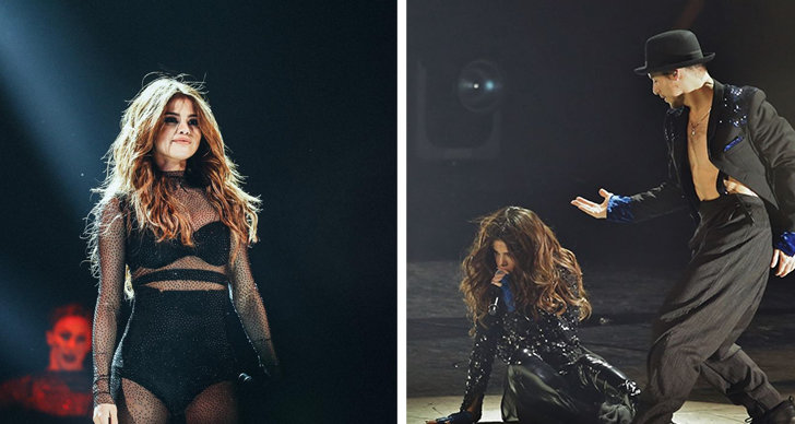 Selena Gomez ramlade under sin konsert.