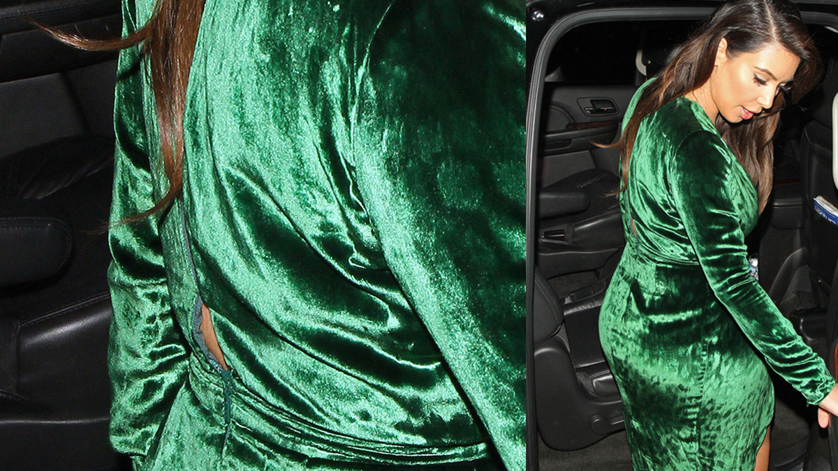 Allt klär en skönhet. Men den här smaragdgröna sammetsklänningen var inte bara för liten så att den sprack i ryggen, den ser mer ut som en sån där grön engelsk äcklig marmeladgodis. Kim, du måste sparka din stylist! 
