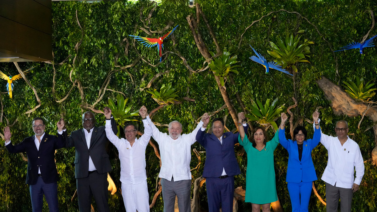 Ledarna för Amazonasländerna poserar för ett gruppfoto. Värd för mötet är den brasilianske presidenten Luiz Inácio Lula da Silva, fjärde från vänster.