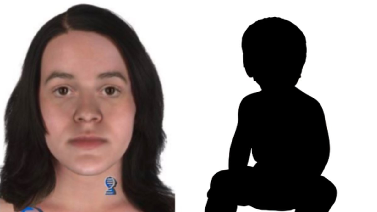 Fantombilden till vänster är framtagen från DNA-profil och visar utseendet på mamman eller nära anhörig vid tiden för brottet.