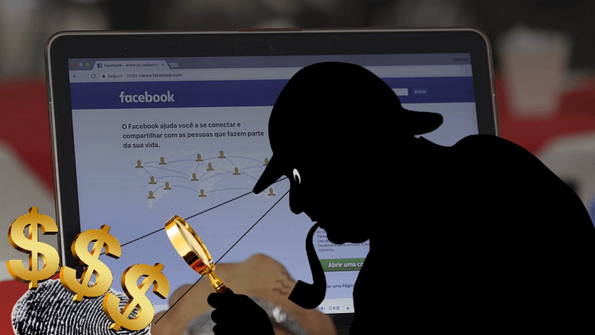 Dator med Facebook uppe samt en mörk silhuett som håller i ett förstoringsglas.