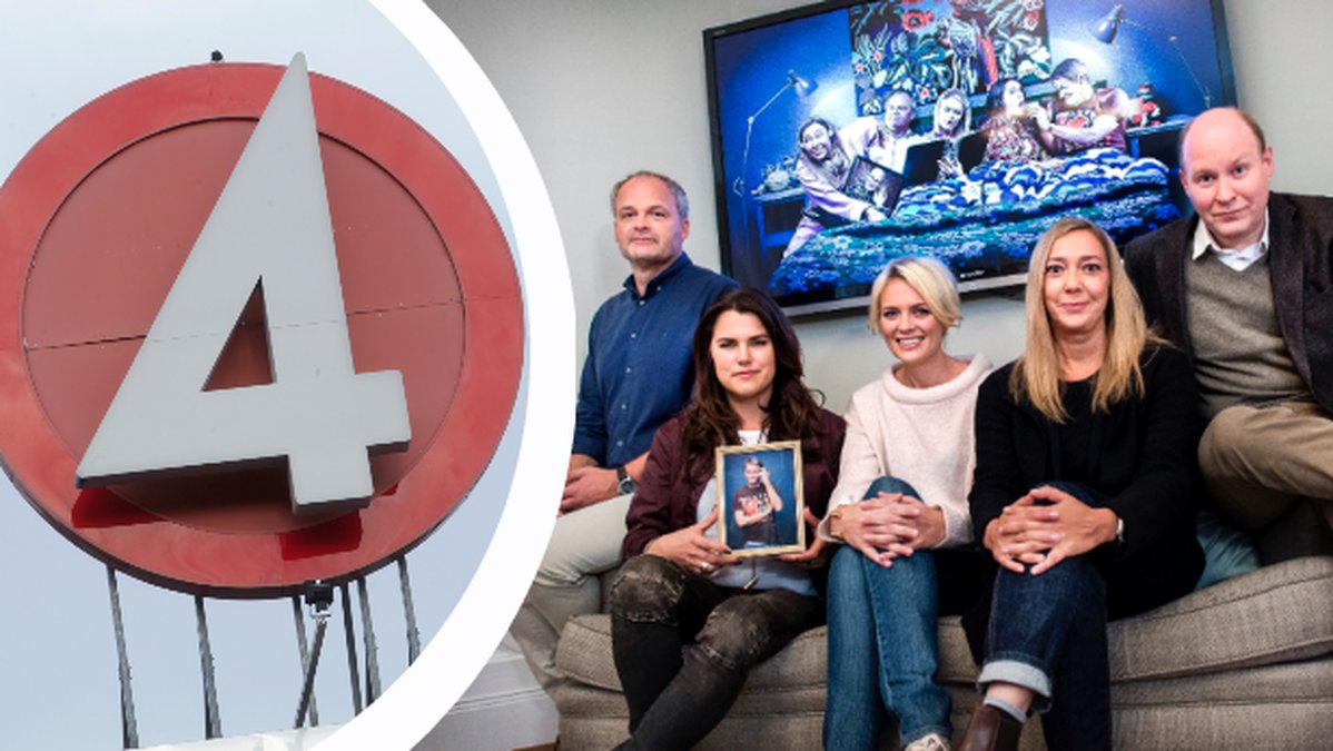 TV4 skylt. Johan Rehborg, Mia Skäringer, Josephine Bornebusch, Malin Cederbladh och Henrik Dorsin