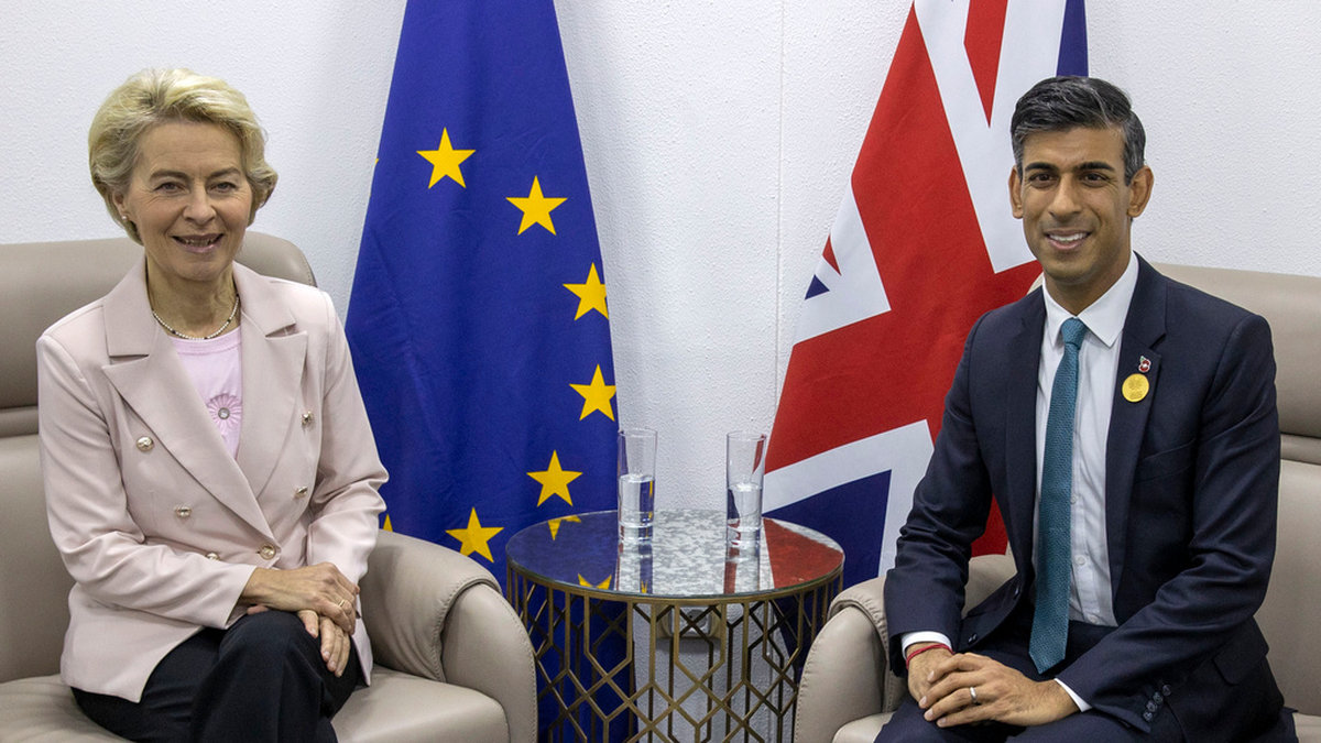 EU-kommissionens ordförande Ursula von der Leyen åker till Storbritannien med kort varsel för att diskutera Nordirlandsprotokoll med premiärminister Rishi Sunak. Här träffades de två vid klimatmötet COP 27 i Egypten i november. Arkivbild.