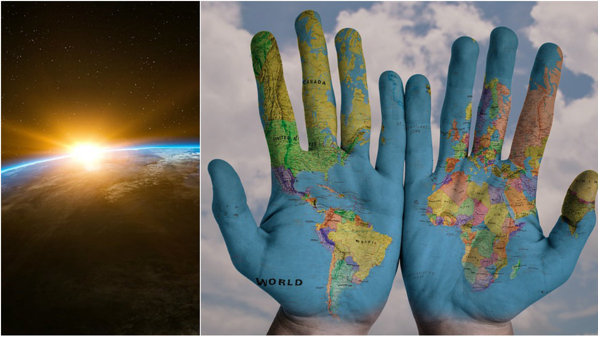 Två händer med världskartan på handlfatorna.