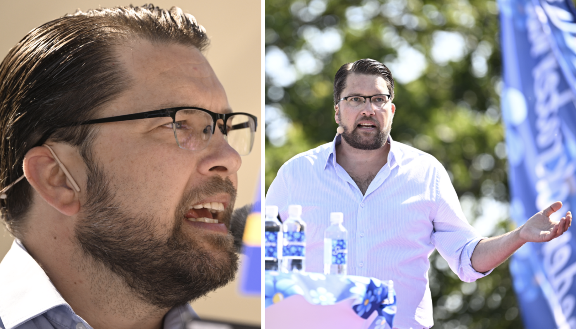 Sverigedemokraternas partiledare Jimmie Åkesson håller sommartal i Sölvesborg.