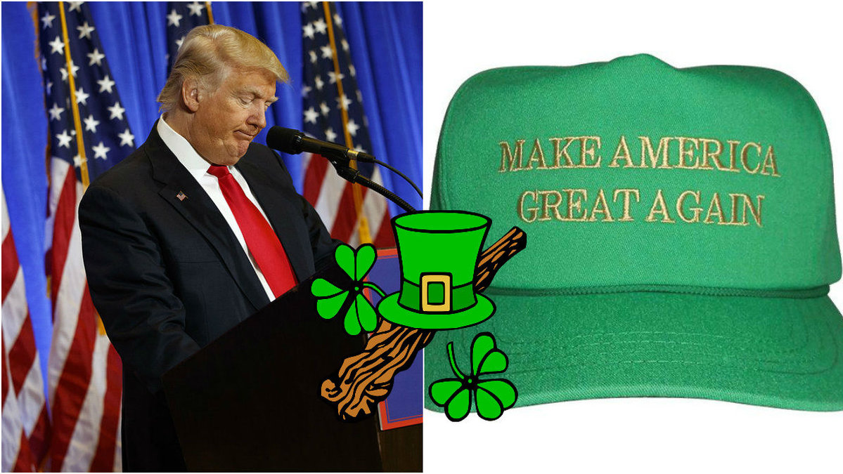 Donald Trump förbereder sig för St. Patrick's Day med en keps i grönt och guld. 
