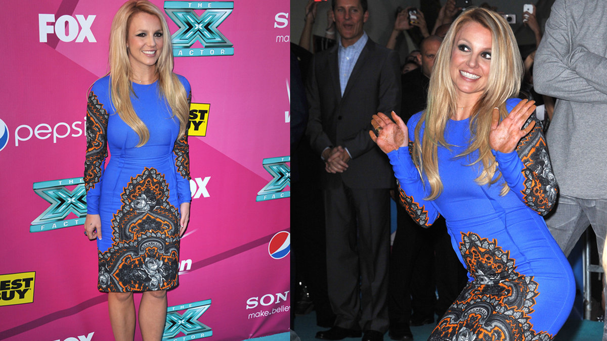 Britney Spears klänning ser ut som en tapet i en trailertrashbil. Och varför väljer hon en så osmickrande modell? Hon har en fantastisk kropp, varför sabba den med det här mönstret? 