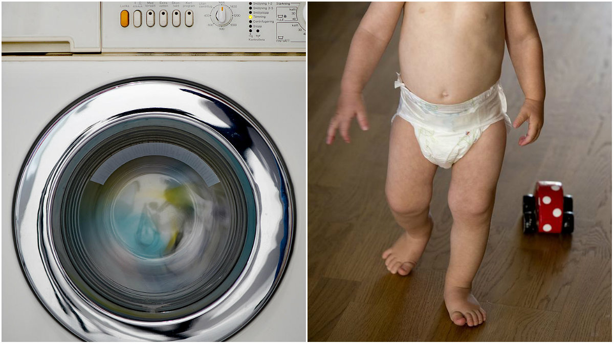 Treåringen tog sig in i tvättmaskinen när mamman låg och sov, och lyckades stänga locket. 
