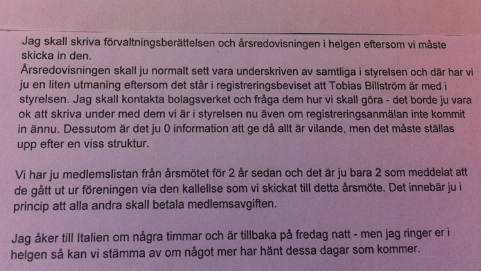 I ett mejl bekräftar föreningens nuvarande ordförande att uppgifterna om Billström måste ändras.