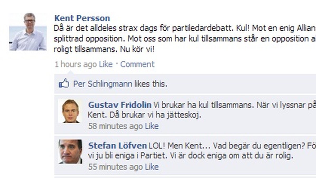 "Kent Perssons" Facebookstatus med tillhörande kommentarer från oppositionen.
