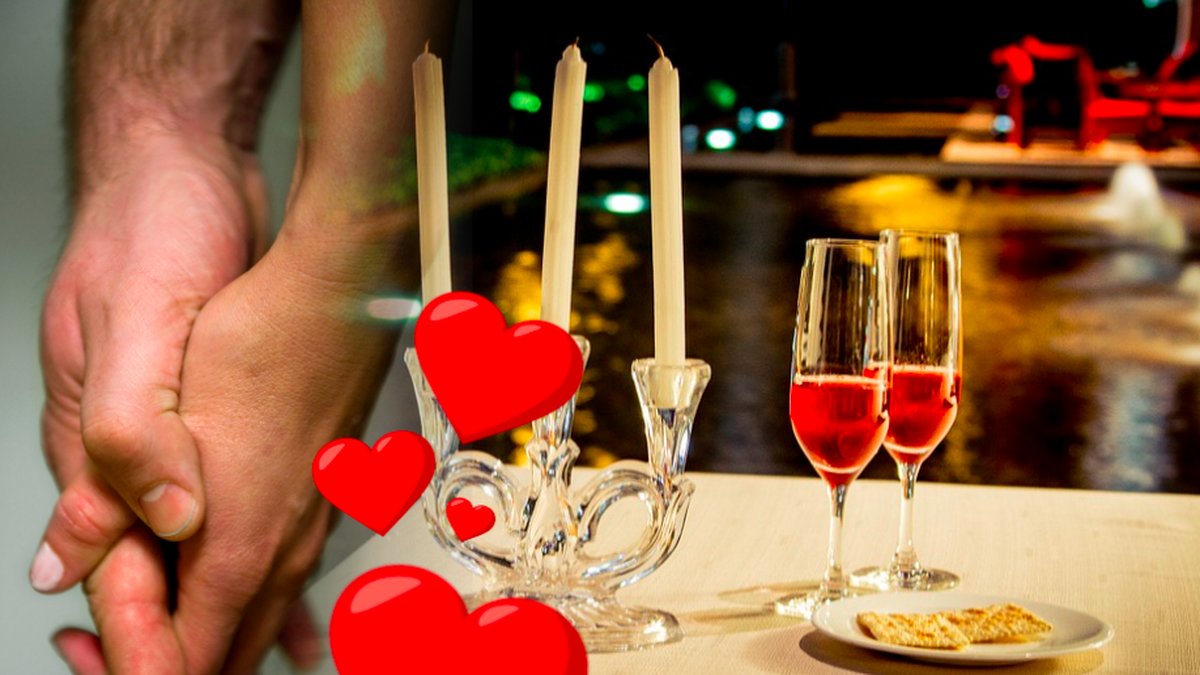 Två händer som håller varandra, till höger ett bord uppdukat för romantisk middag. 
