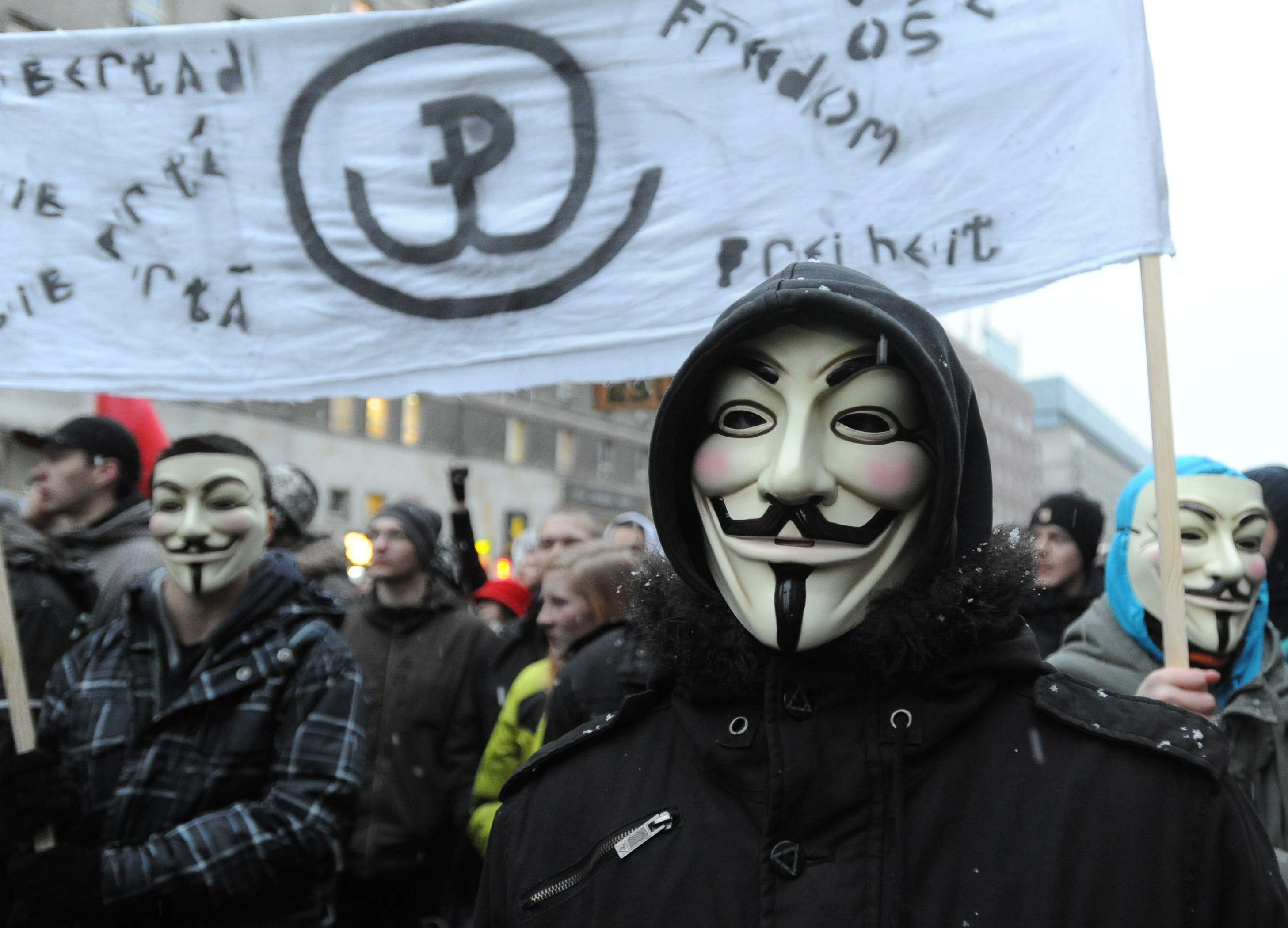 Flera regeringssajter har gått ned efter överbelastningsattacker. Här en demonstrant med Guy Fawkes-mask, symbolen för det löst sammansatta hackerkollektivet Anonymous.