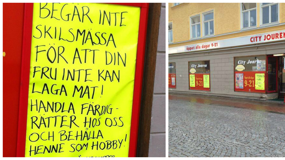 En skylt utanför matbutiken i Falun upprör på nätet.