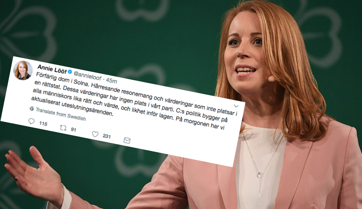 Annie Lööf skriver om att nämndemännen i den kritiserade domen är akutella för uteslutning ur partiet. Annie Lööf skriver om att nämndemännen i den kritiserade domen är akutella för uteslutning ur partiet.