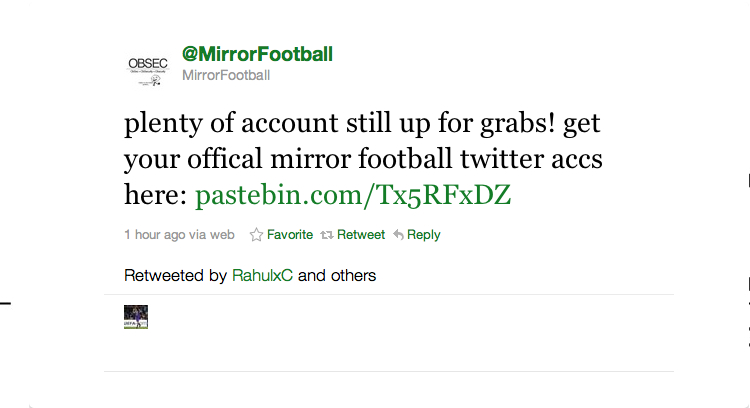 Hackarna lade ut och spred inloggningsuppgifter till det officiella Mirror Football-kontot.