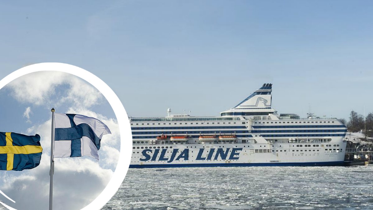 Bild på en finlandsfärja från Silja Line svenska och finska flaggan