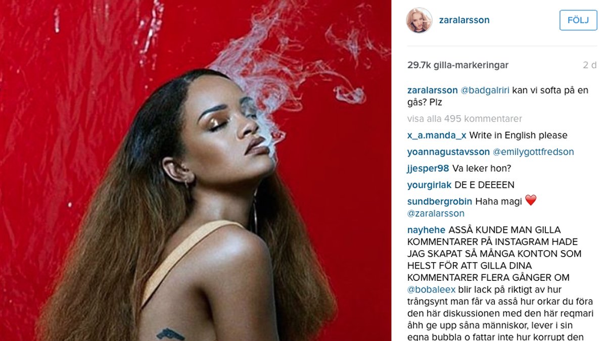 Här är bilden där Zara frågar Rihanna om de ska softa på en gås. 