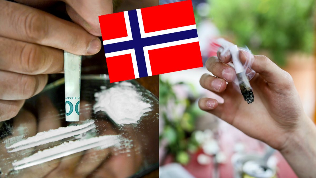 Norsk flagga över delad bild på en joint och en lina kokain. 