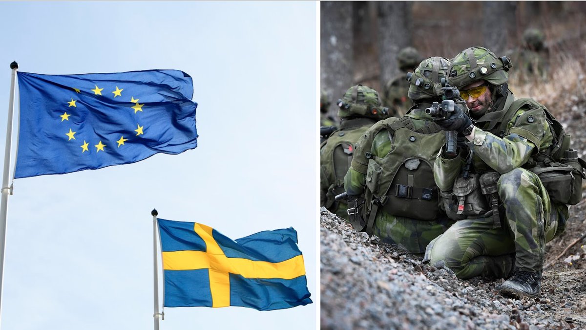 Genrebild på Sverige och Europas flaggor. Genrebild på svensk militär.