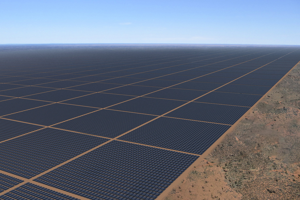 Solkraften växer så det knakar i Australien. Queensland satsar nu på att även kunna lagra den. Bilden är en dataanimering från ett pågående projekt i norra Australien.