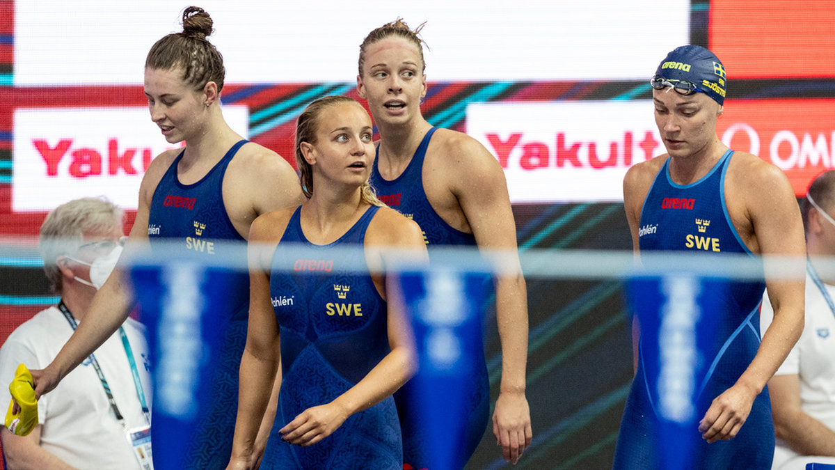 Sveriges medleylag hade tredje bästa tid i försöken, från vänster Sophie Hansson, Hanna Rosvall, Louise Hansson och Sarah Sjöström.