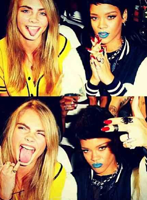 Rihanna och Cara leker loss framför kameran. Rihanna och Cara leker loss framför kameran.