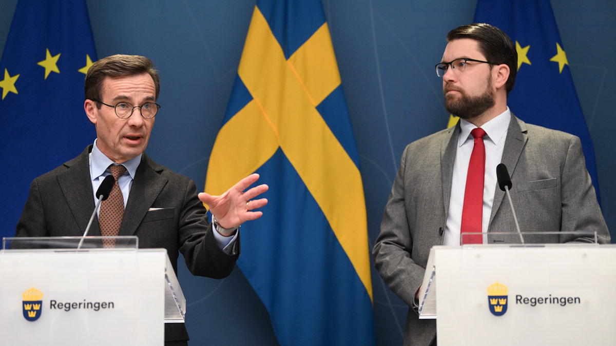 Statsminister Ulf Kristersson (M), och Sverigedemokraternas partiledare Jimmie Åkesson (SD). Arkivbild