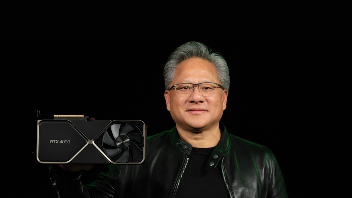 Nvidias vd Jensen Huang visar upp bolagets mest avancerade grafikprocessor.
