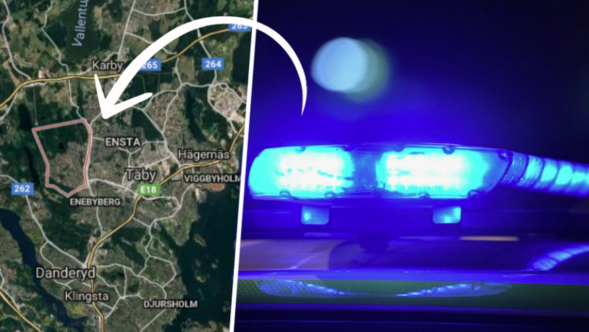 Karta över Täby, vit pil, Blåljus polis