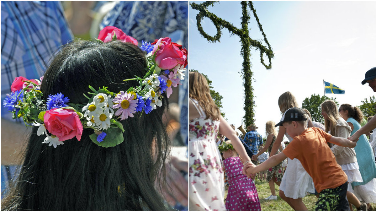 Midsommarkrans gjort ut av blommor samt barn som dansar runt en midsommarstång