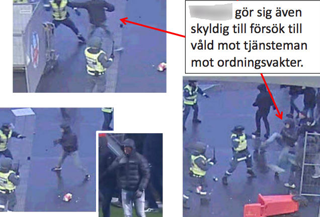 Upploppen stannade inte på planen. När spelarna utrymt arenan ville vissa supportrar fortsätta ställa till med problem. Här ser man bilder på en åtalad som ka attn få honom göra sig skyldig till försök mot till våld mot tjänstemän. Upploppen stannade inte på planen. När spelarna utrymt arenan ville vissa supportrar fortsätta ställa till med problem. Här ser man bilder på en åtalad som ka attn få honom göra sig skyldig till försök mot till våld mot tjänstemän.