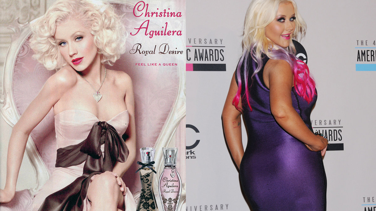 Christina Aguilera i reklamkampanjen för sin parfym till vänster. Till höger ser vi hur stjärnan såg ut på ett event för ett par veckor sedan. 