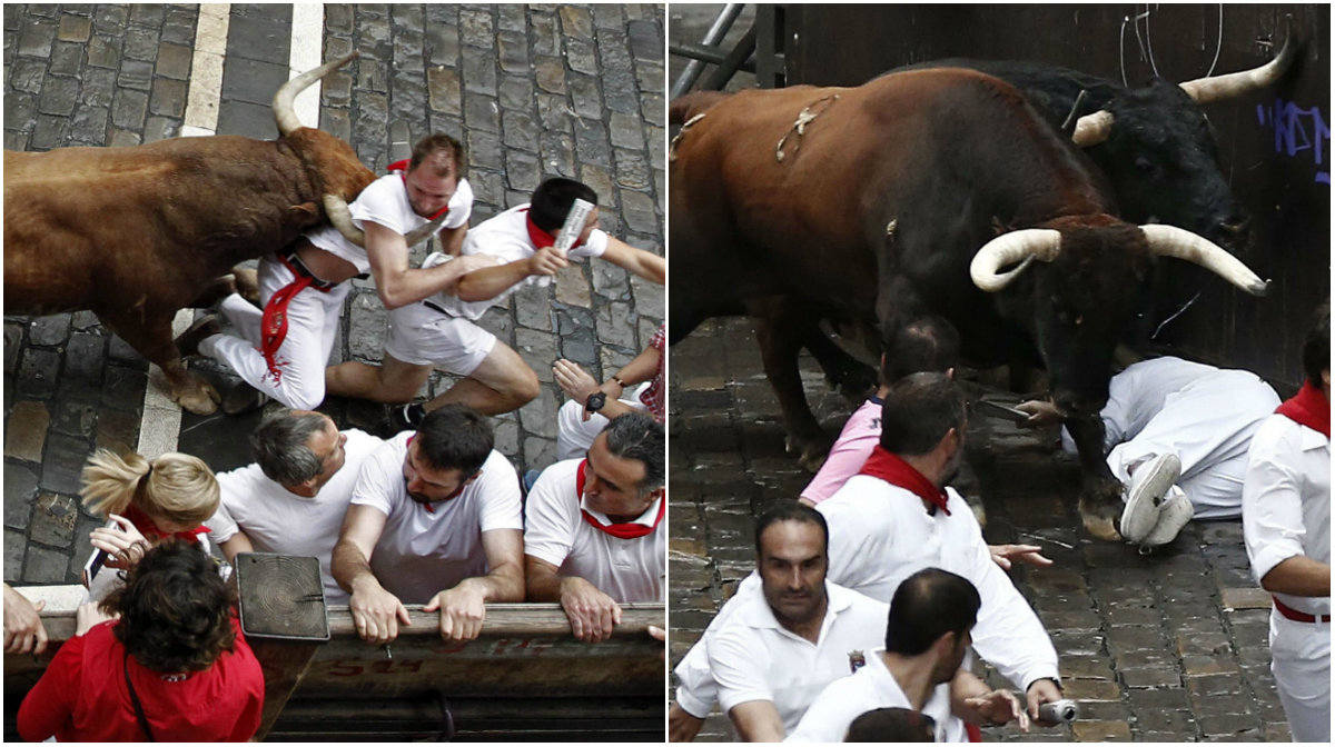 Vid den årliga tjurrusningen i Pamplona skadas flera personer årliga. Här kan du se de skrämmande bilderna från festivalen. Använd pilarna för att bläddra i bildspelet. 